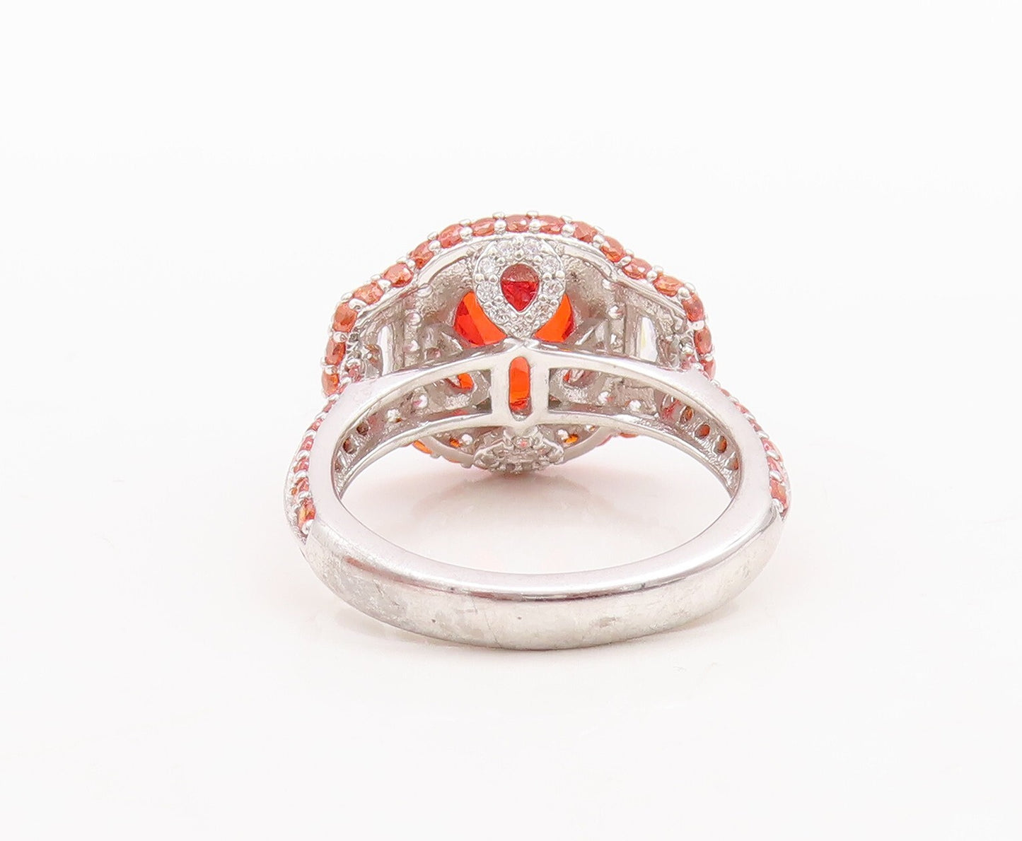 925 Sterling Silver Vintage Ring Rectangle Orange Halo White CZ  Sz 7  RG29640