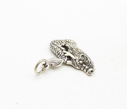 925 Sterling Silver  Vintage Shiny Etched Dragon Motif Drop Pendant  PT6822