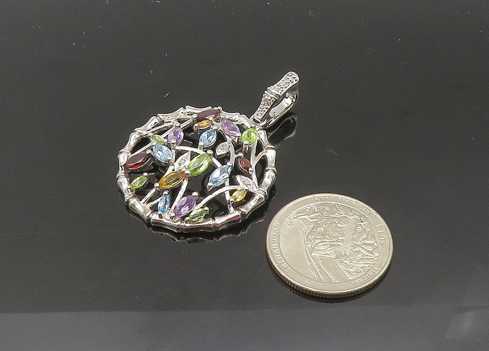 925 Silver Vintage Genuine Diamonds & Multi Stone Floral Pendant PT16494
