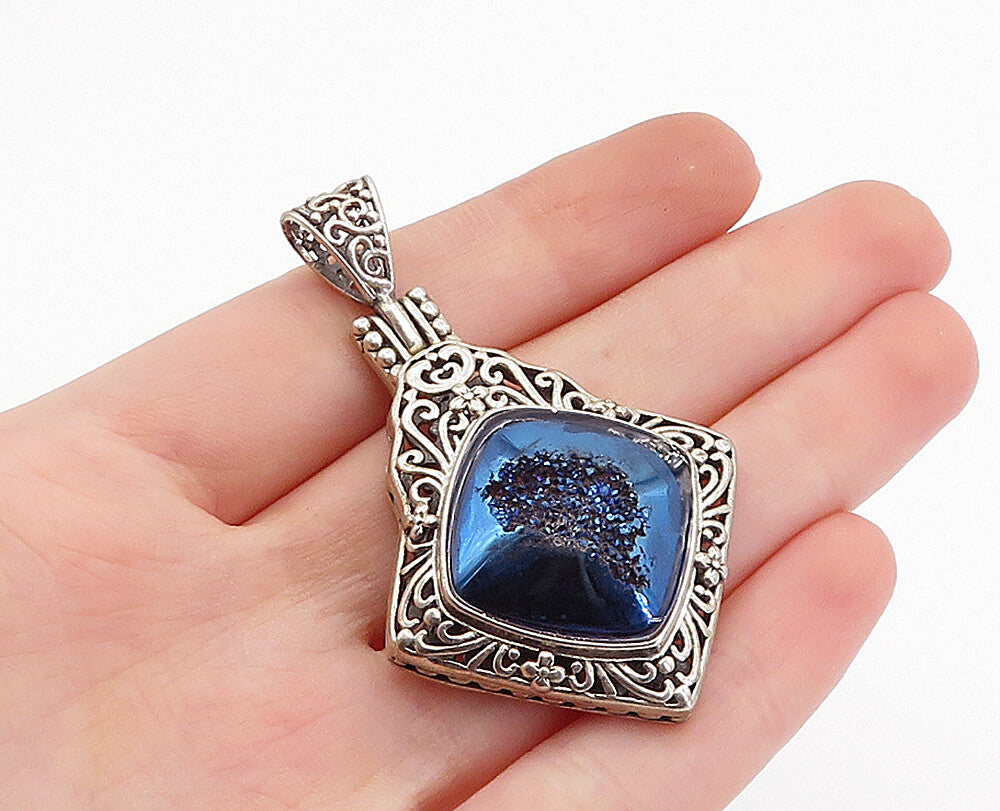 BERIA 925 Sterling Silver  Vintage Blue Druzy Floral Swirl Pendant  PT2754