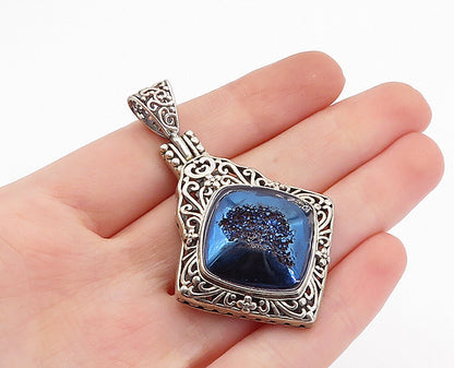 BERIA 925 Sterling Silver  Vintage Blue Druzy Floral Swirl Pendant  PT2754