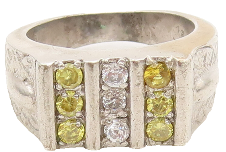 925 Sterling Silver  Vintage Yellow White Topaz Band Carved Ring Sz 12 RG27444