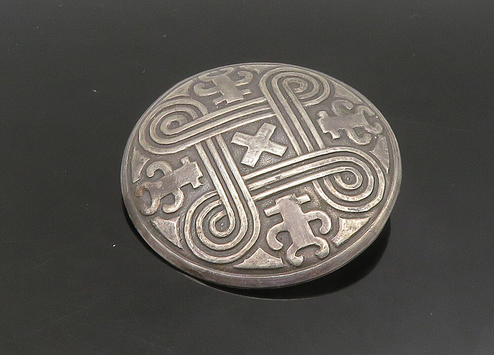 925 Sterling Silver  Vintage Dark Tone Knot Pattern Round Brooch Pin  BP9094