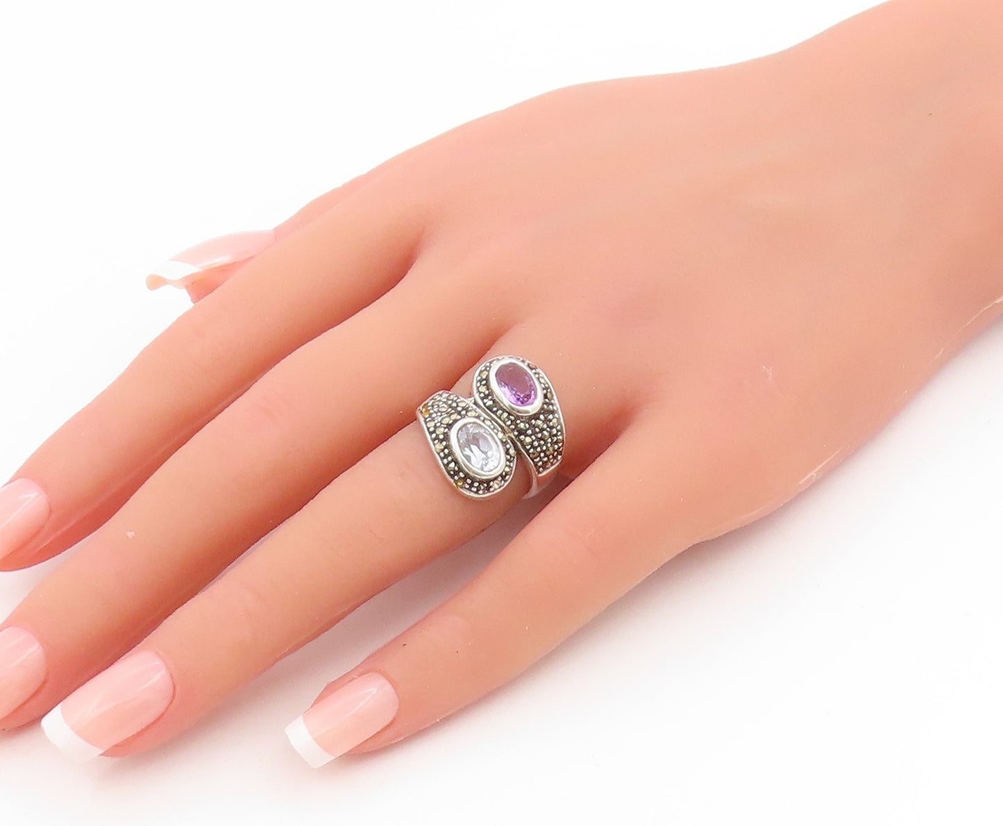 925 Sterling Silver Vintage Ring Amethyst & Blue Topaz Band  Sz 5.5  RG34120