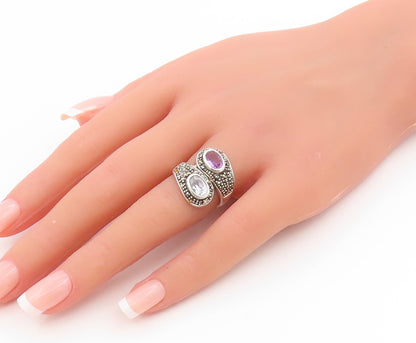 925 Sterling Silver Vintage Ring Amethyst & Blue Topaz Band  Sz 5.5  RG34120