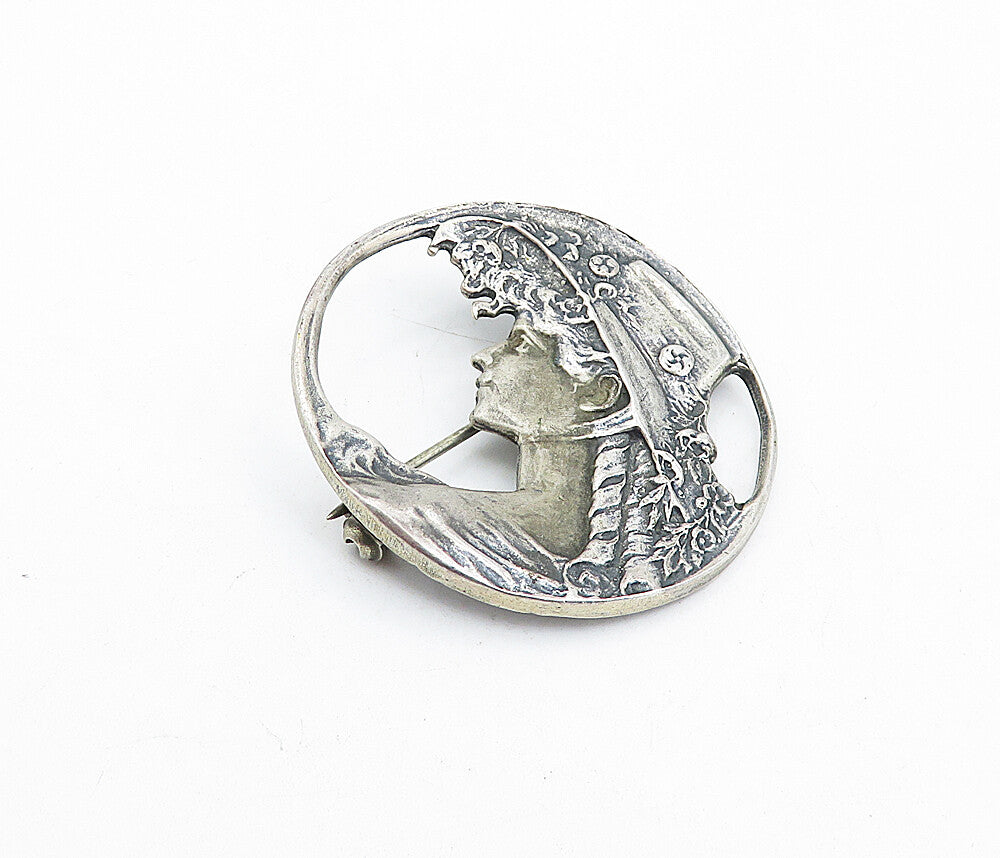 925 Sterling Silver  Vintage Dark Tone Woman's Profile Round Brooch Pin BP1513
