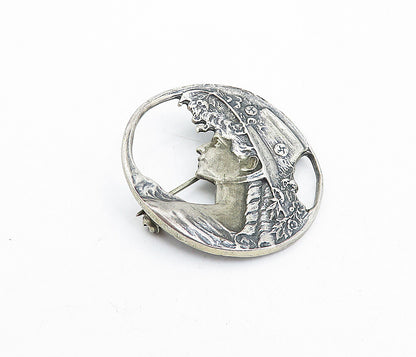 925 Sterling Silver  Vintage Dark Tone Woman's Profile Round Brooch Pin BP1513