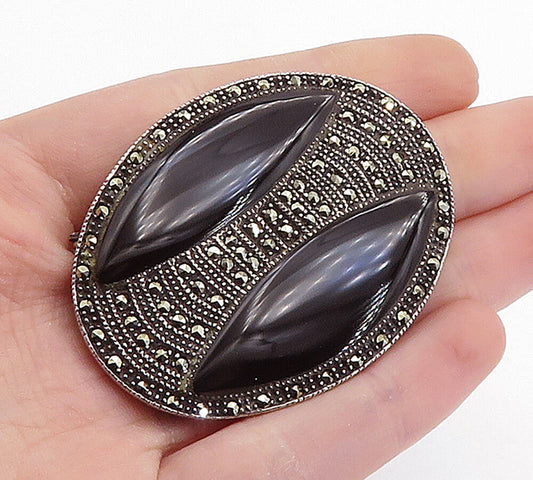 925 Sterling Silver  Vintage Black Onyx & Marcasite Oval Brooch Pin  BP2709