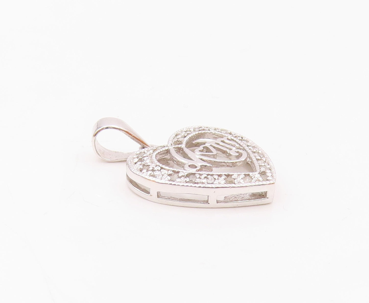 925 Silver  Vintage Open Genuine Diamonds Love Heart MOM Pendant  PT21098