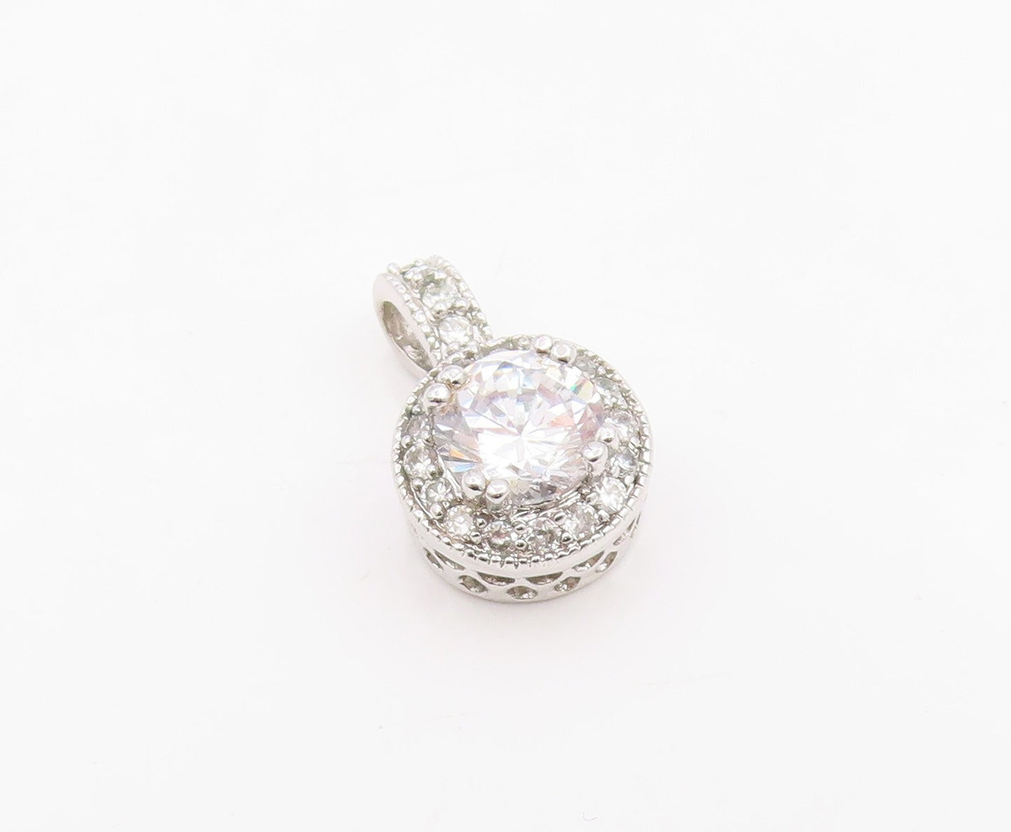 925 Sterling Silver Vintage Pendant Elegant Round Cut CZ Halo Charm  PT26179