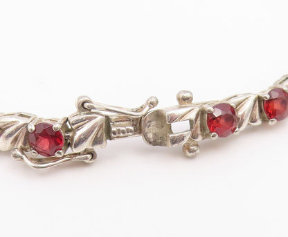 925 Sterling Silver Vintage Bracelet Classic Round Cut Garnet Link  BT12174