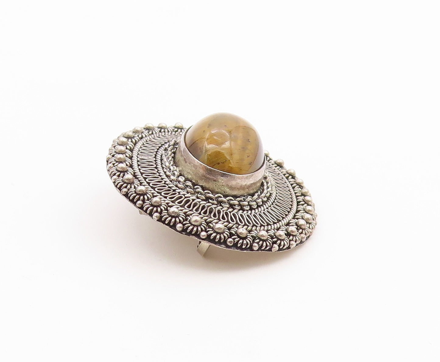 ISRAEL 925 Sterling Silver  Vintage Cabochon Tiger's Eye Brooch Pin  BP7901