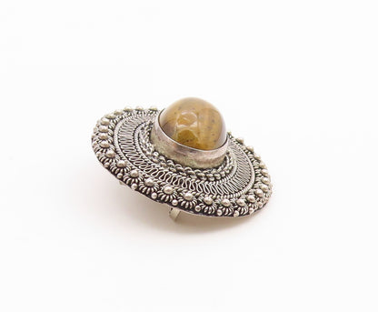 ISRAEL 925 Sterling Silver  Vintage Cabochon Tiger's Eye Brooch Pin  BP7901