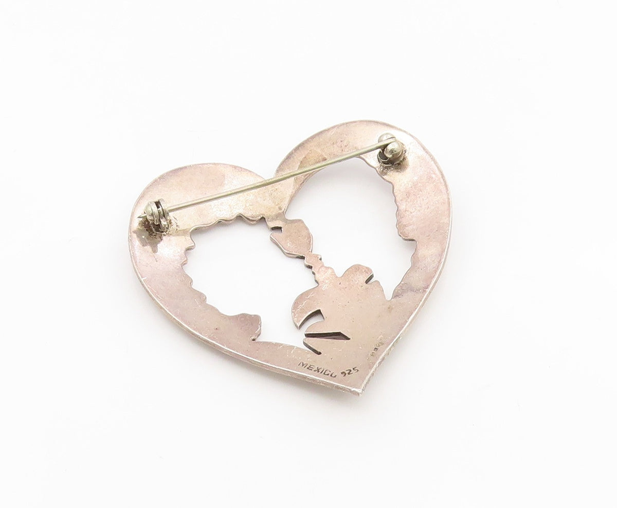 925 Sterling Silver Vintage Brooch MEXICO Cutout Couple In Love Heart  BP12134