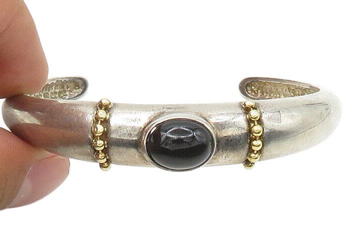 DAVID SIGAL 925 Silver & 18K Gold  Vintage Black Onyx Cuff Bracelet  BT8586
