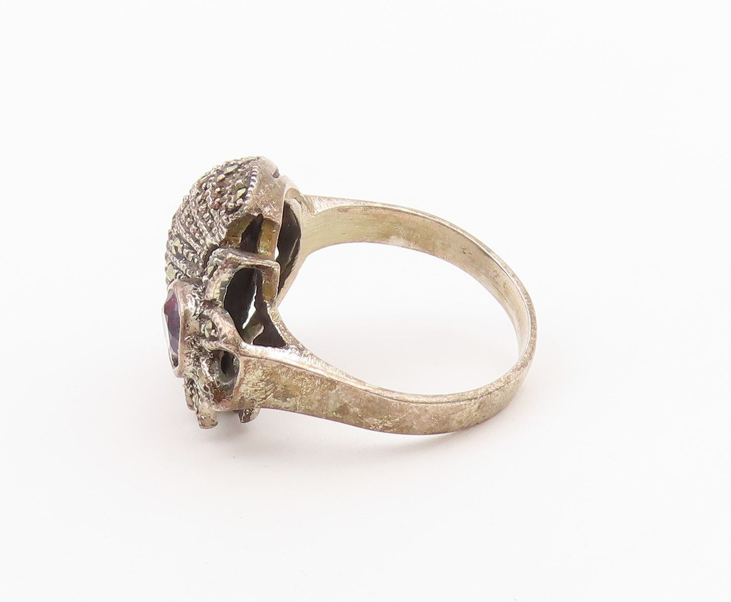 925 Sterling Silver Vintage Ring Amethyst Floral Statement Band  Sz 8.5  RG36487