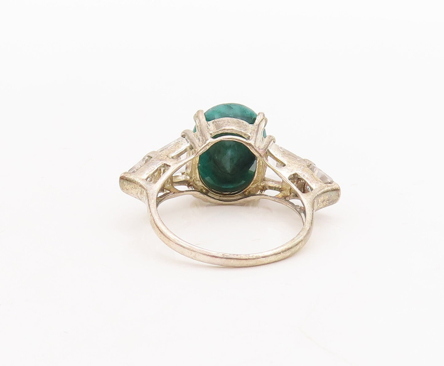 925 Sterling Silver Vintage Ring Oval Cut Emerald & Topaz Inlay  Sz 7  RG29210