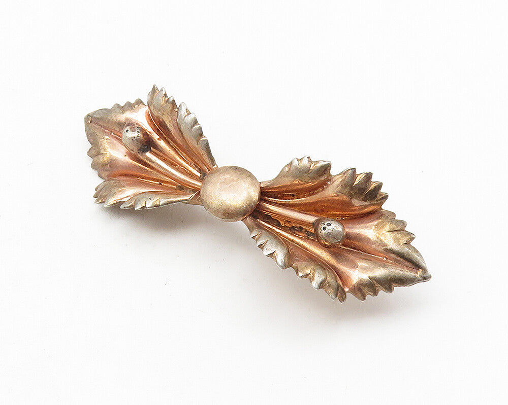 925 Sterling Silver  Vintage Shiny Floral Leaf Bow Motif Brooch Pin  BP4223