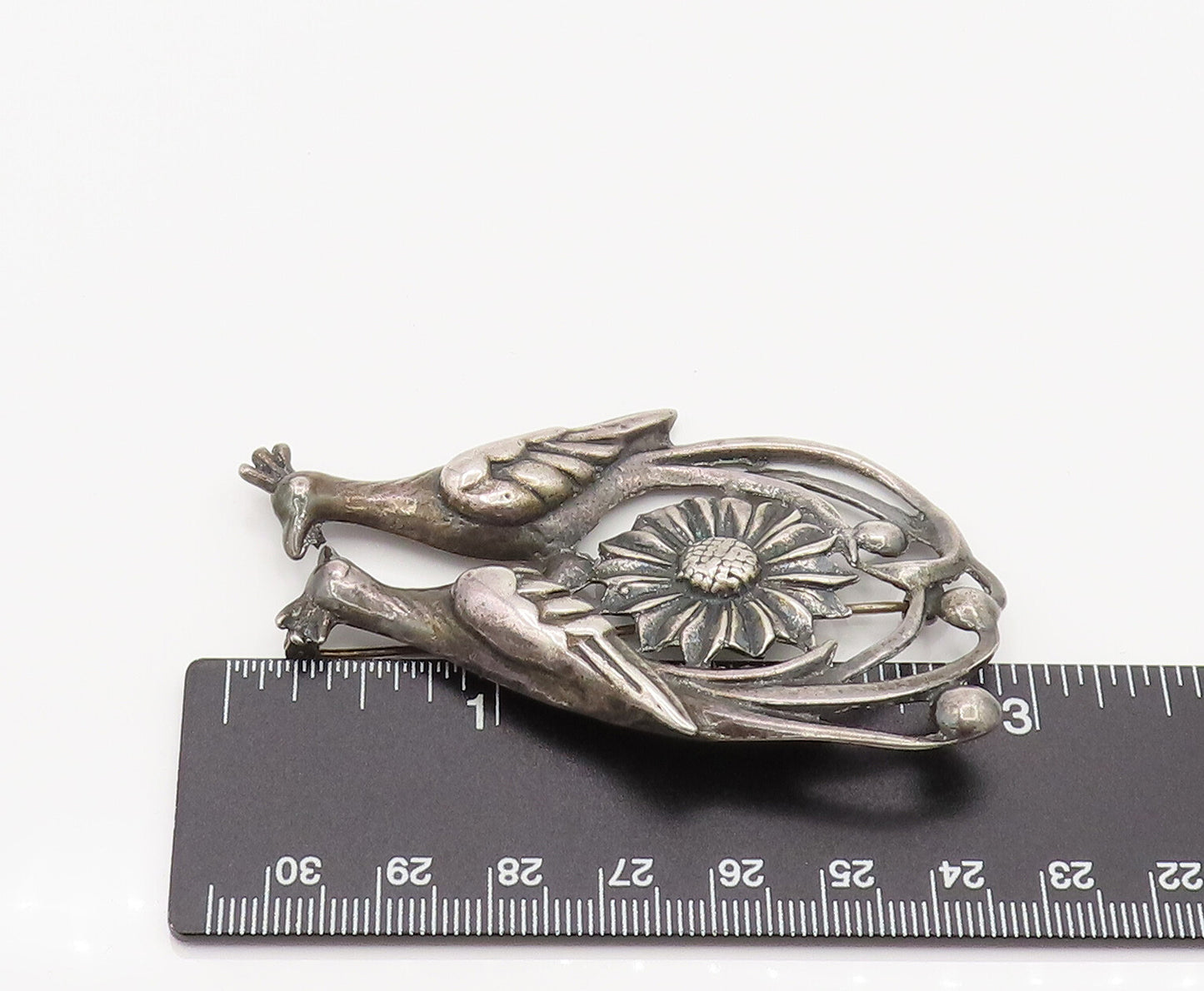 925 Silver  Vintage Antique Garden Love Birds Floral Brooch Pin  BP10163