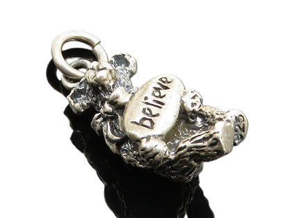 925 Sterling Silver  Vintage Petite Believe Etched Teddy Bear Pendant  PT15749