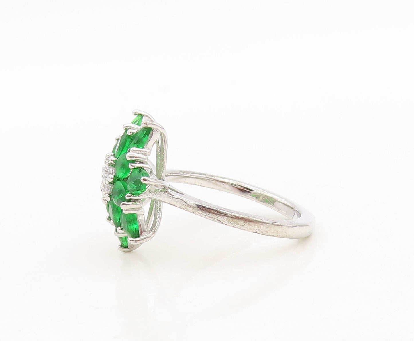 925 Sterling Silver Vintage Ring Drop Cut Green & White CZ Flower  Sz 7  RG30367