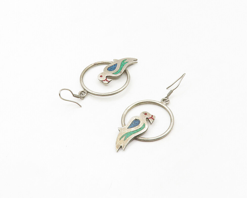 MEXICO 925 Silver  Vintage Crushed Turquoise Bird Motif Drop Earrings  EG8896
