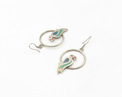 MEXICO 925 Silver  Vintage Crushed Turquoise Bird Motif Drop Earrings  EG8896