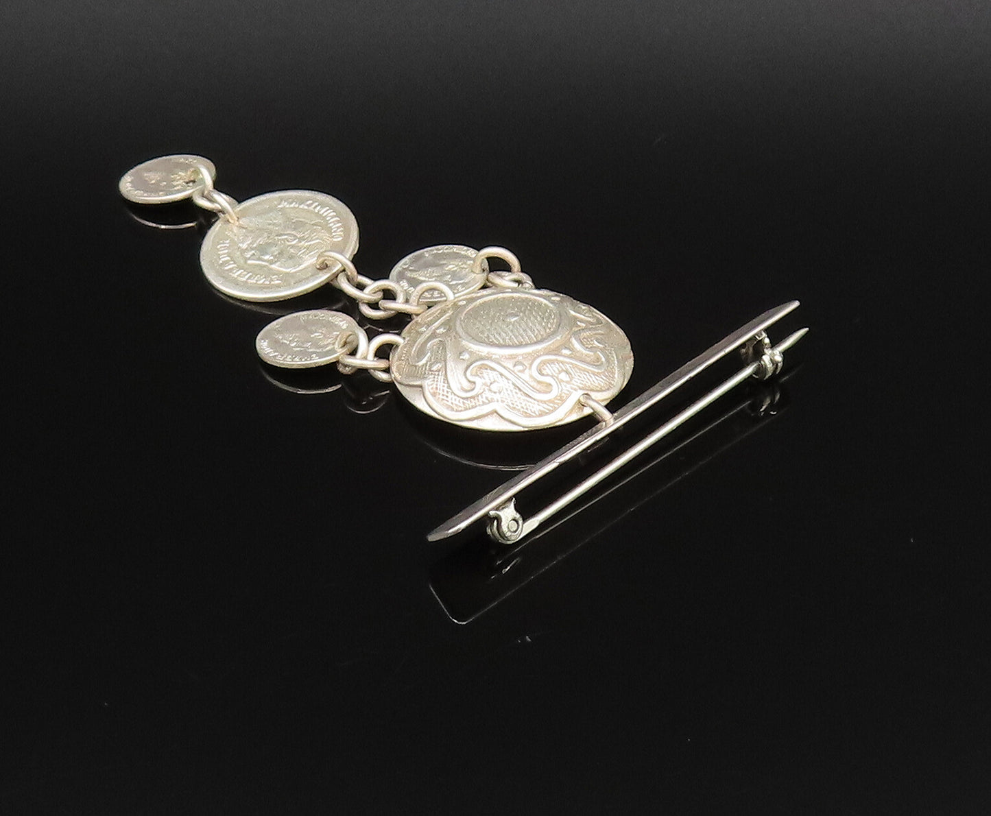 MEXICO 925 Silver  Vintage Swirl Dome Coin Chain Dangle Brooch Pin  BP9894