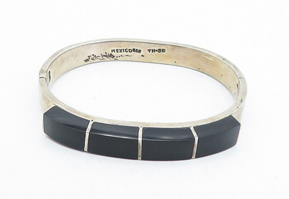 MEXICO 925 Sterling Silver Vintage Black Onyx Hinge Bangle Bracelet BT1939