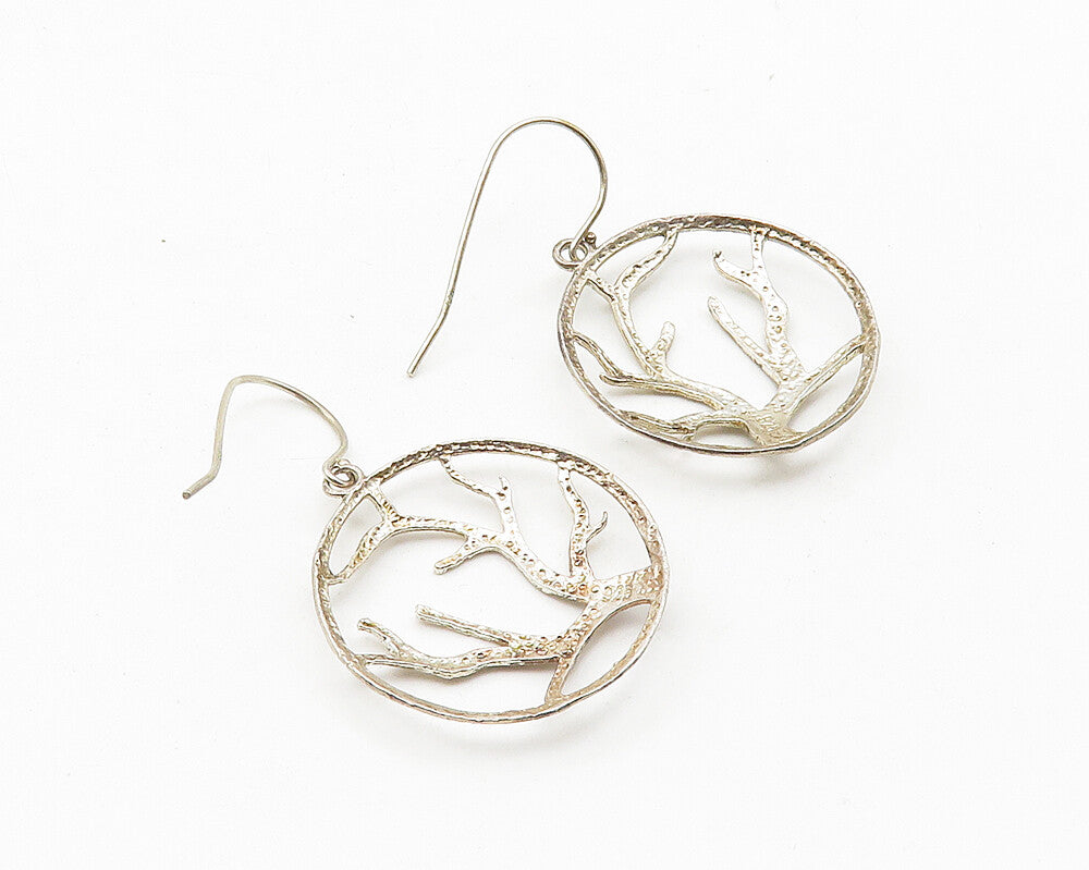 925 Sterling Silver  Vintage Tree Branches Motif Round Dangle Earrings  EG5586