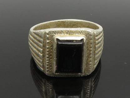 925 Silver  Vintage Rectangular Black Onyx Scalloped Band Ring Sz 8  RG24650