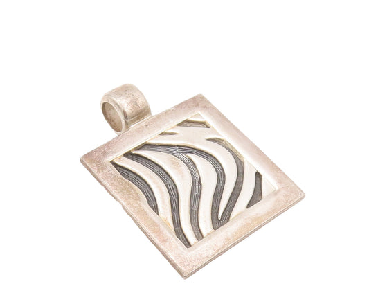 925 Sterling Silver Vintage Pendant Modernist Swirly Etched Large Square PT22667