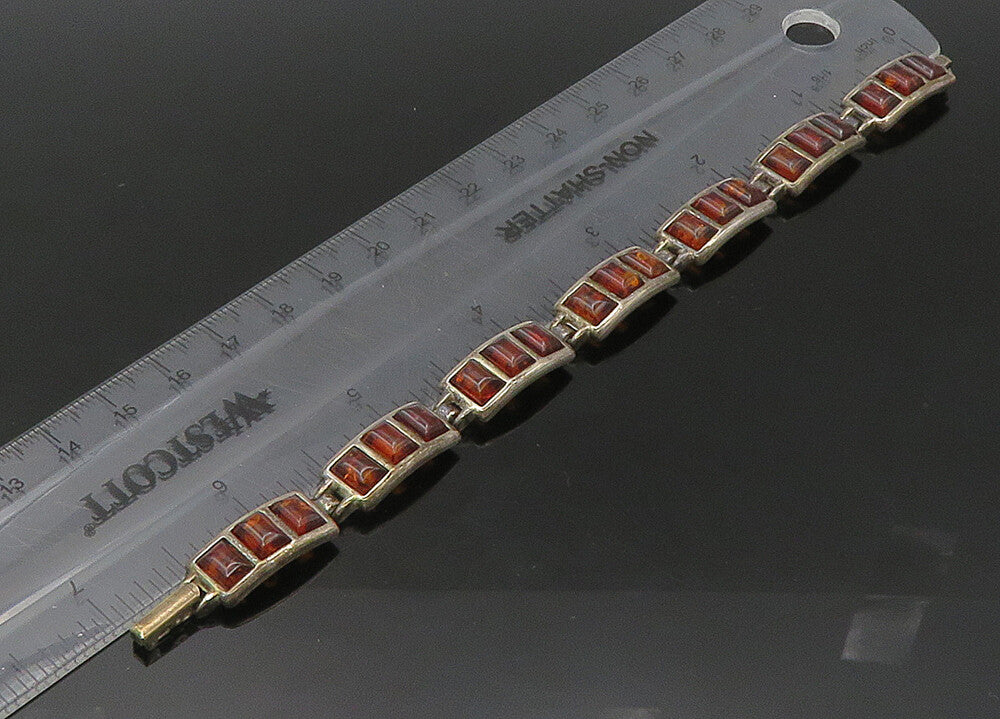 925 Sterling Silver  Vintage Amber Dark Tone Bar Link Chain Bracelet  BT8773