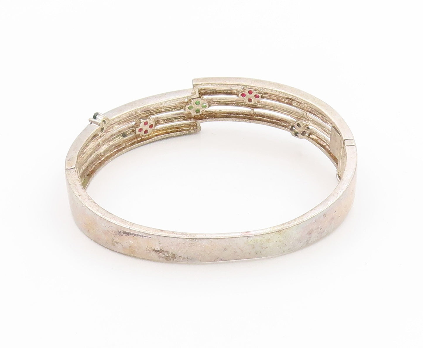 925 Sterling Silver Vintage Bracelet Sapphire Ruby Emerald Floral Bangle BT11799