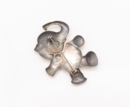 925 Sterling Silver Vintage Brooch Pin Carved Happy Walking Elephant  BP10837