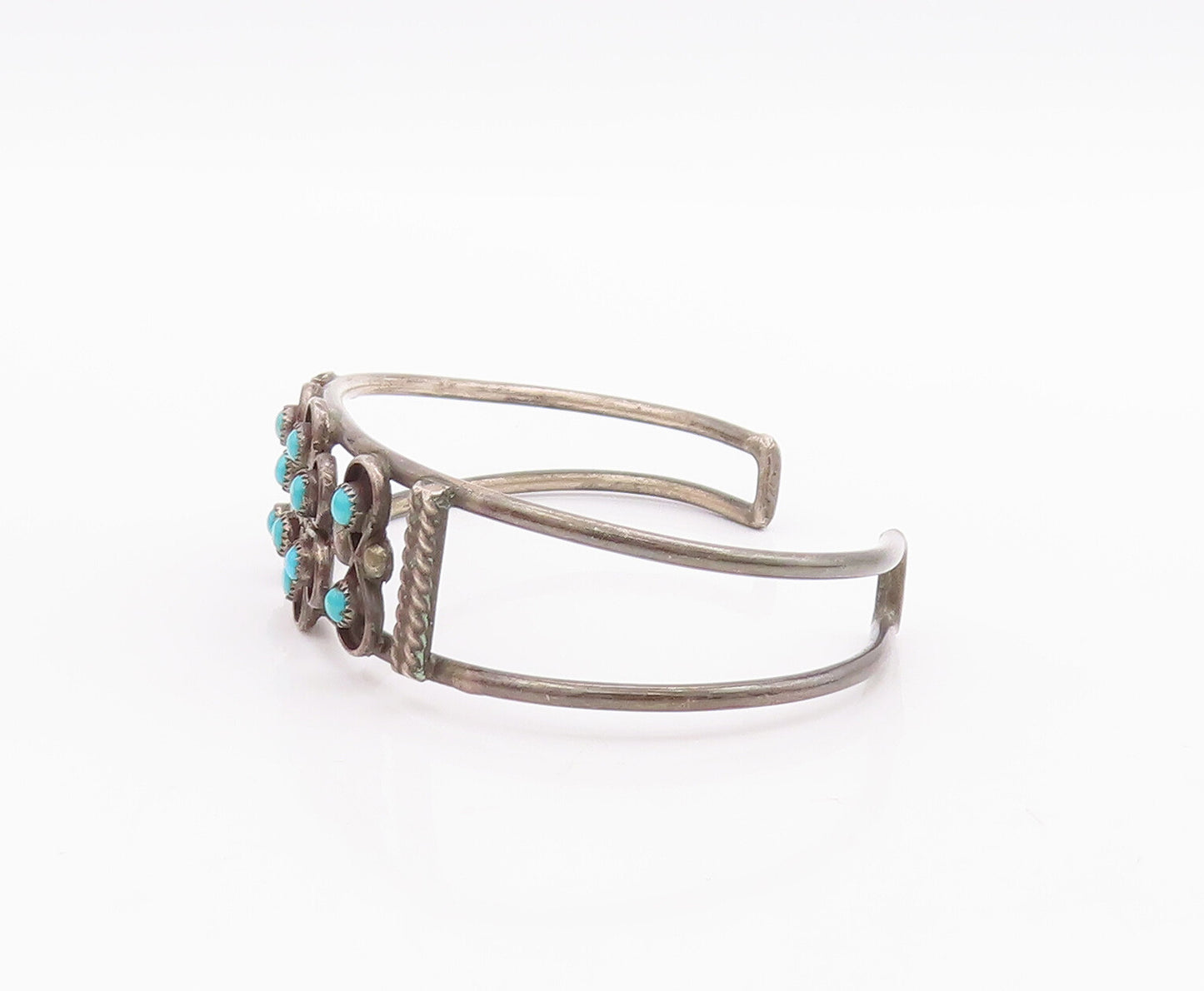 925 Sterling Silver Vintage Bracelet NAVAJO Floral Cutout Turquoise Cuff BT10522