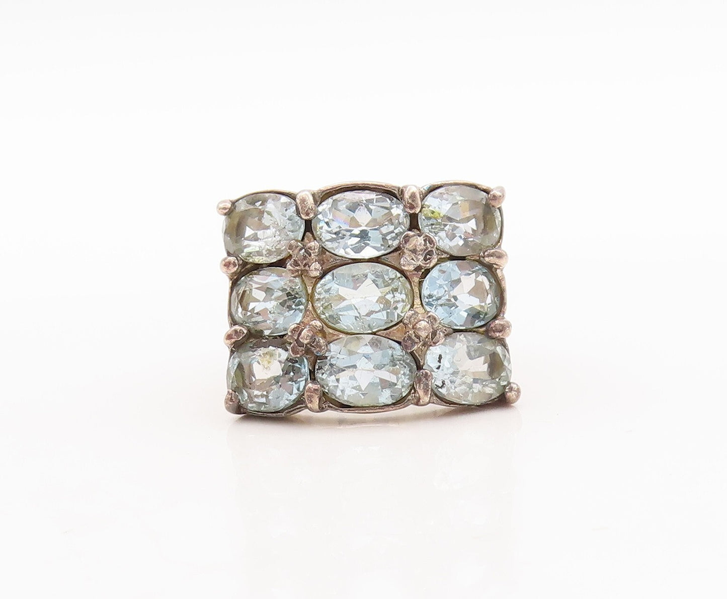 925 Sterling Silver Vintage Ring Broad Band Oval Blue Topaz Inlay  Sz 7  RG29645