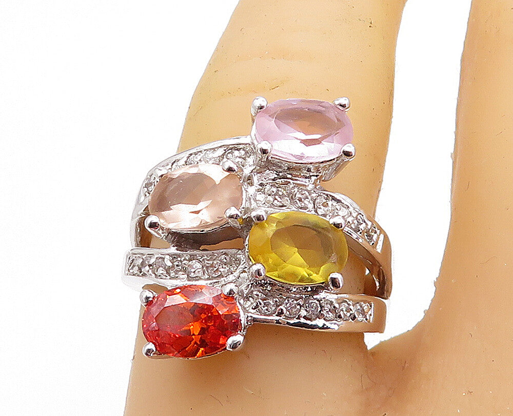 925 Sterling Silver Multi Color Topaz Bypass Design Band Ring Sz 7 RG6065