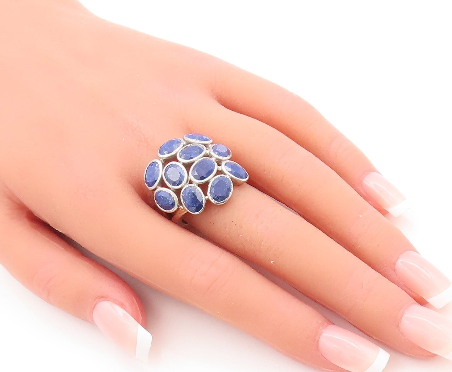 925 Sterling Silver Vintage Ring Oval Cut Blue Gemstone Cluster  Sz 8 RG29716
