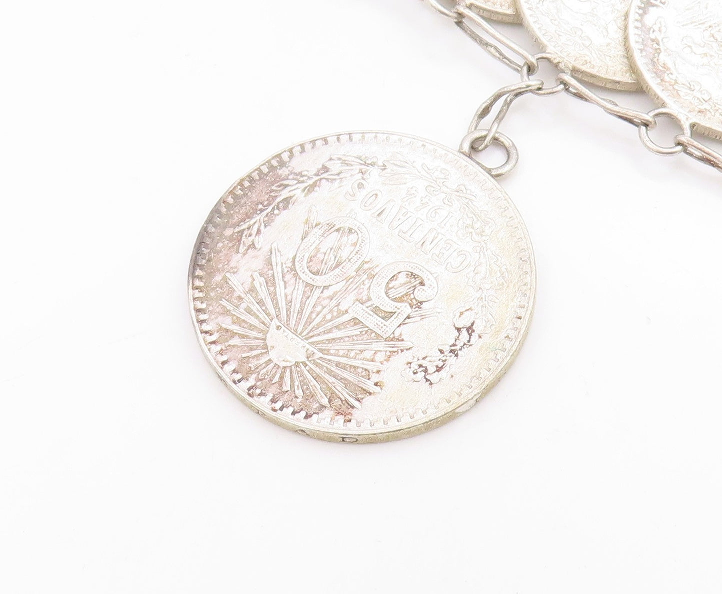 925 Sterling Silver Vintage Bracelet Modernist Mexican Peso Coin Link  BT12051