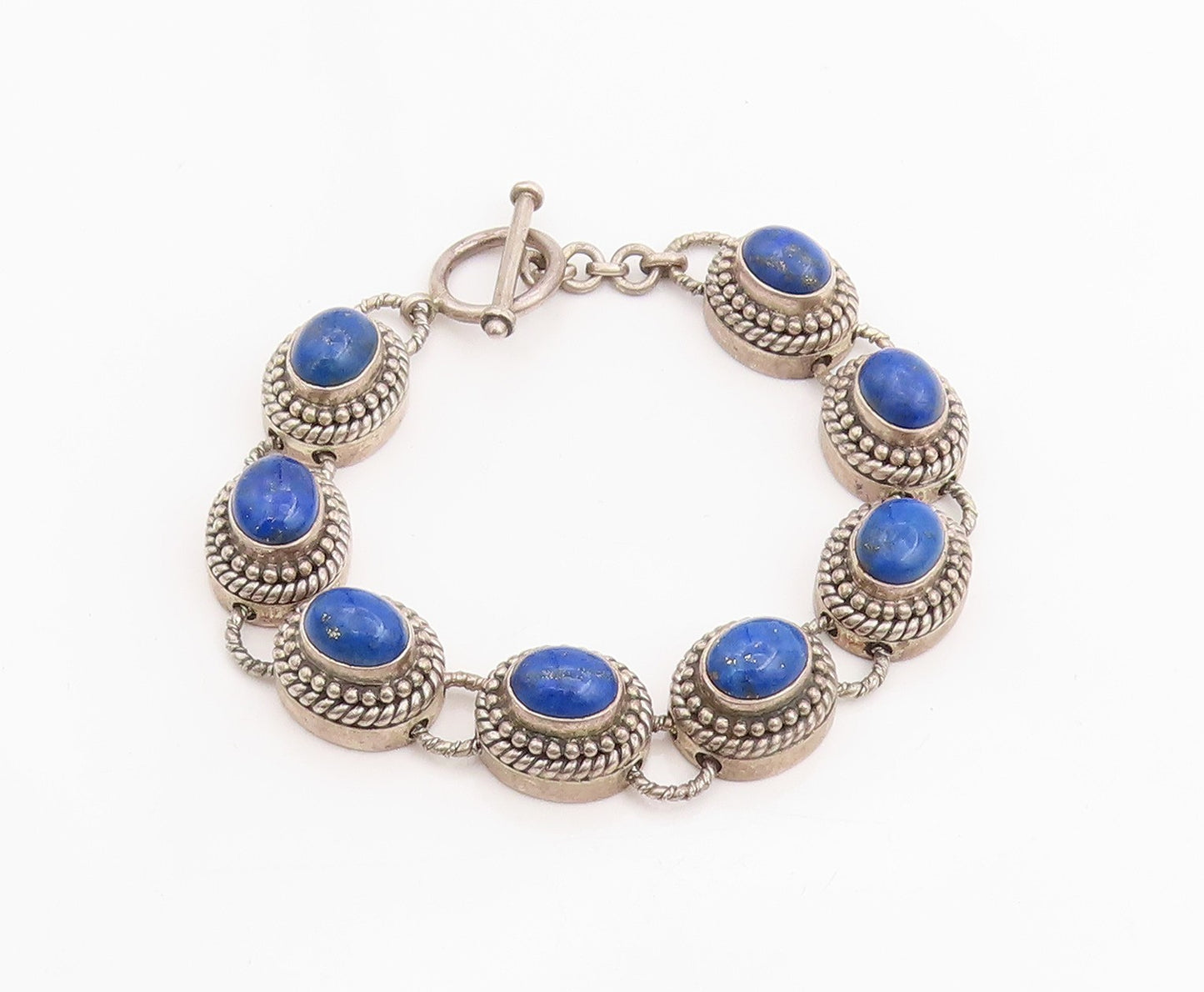 925 Sterling Silver Vintage Bracelet Cabochon Lapis Lazuli Beaded Chain  BT11437