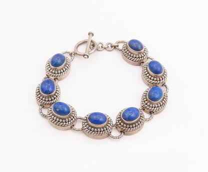 925 Sterling Silver Vintage Bracelet Cabochon Lapis Lazuli Beaded Chain  BT11437