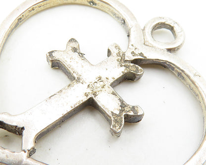 925 Sterling Silver  Vintage Religious Cross Open Love Heart Pendant  PT14708