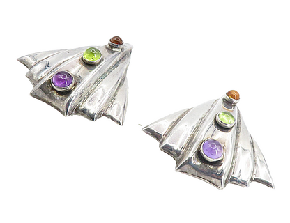 925 Silver  Vintage Amethyst Peridot & Citrine Non Pierce Earrings  EG4456