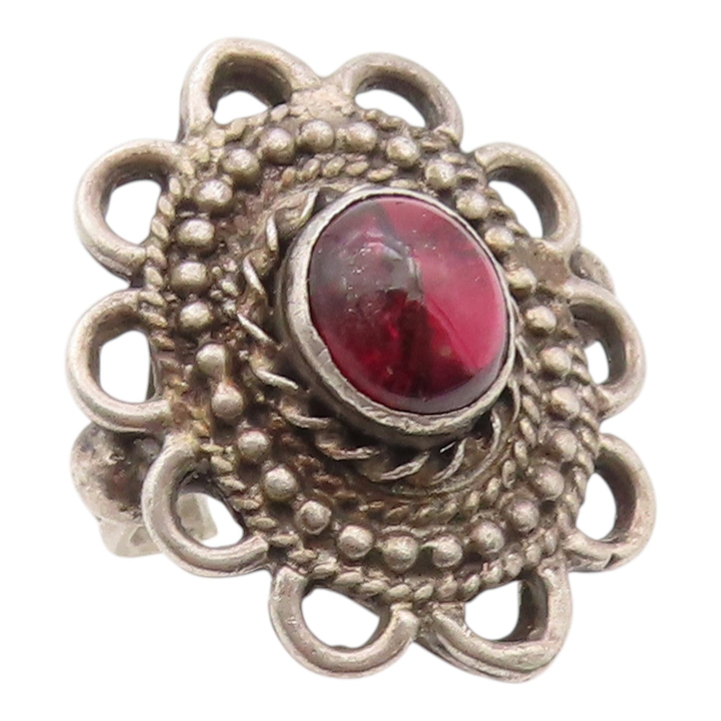925 Sterling Silver Vintage Ring Classic Garnet Bohemian Flower  Sz 4.5  RG36336