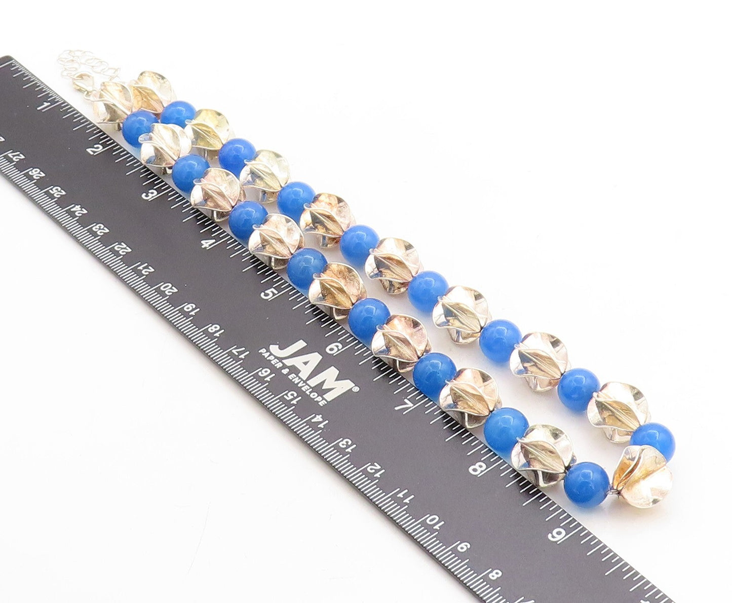 925 Sterling Silver  Vintage Blue Chalcedony Beaded Chain Necklace  NE1190