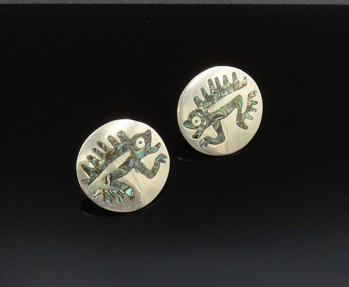 MEXICO 925 Silver  Vintage Inlaid Abalone Reptile Screw Back Earrings  EG12144