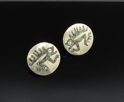 MEXICO 925 Silver  Vintage Inlaid Abalone Reptile Screw Back Earrings  EG12144