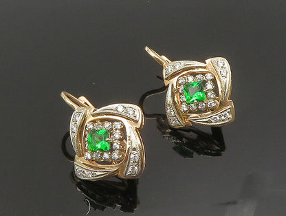 10K GOLD  Vintage Diamond Shaped Green & White Sapphire Royal Earrings  GE145