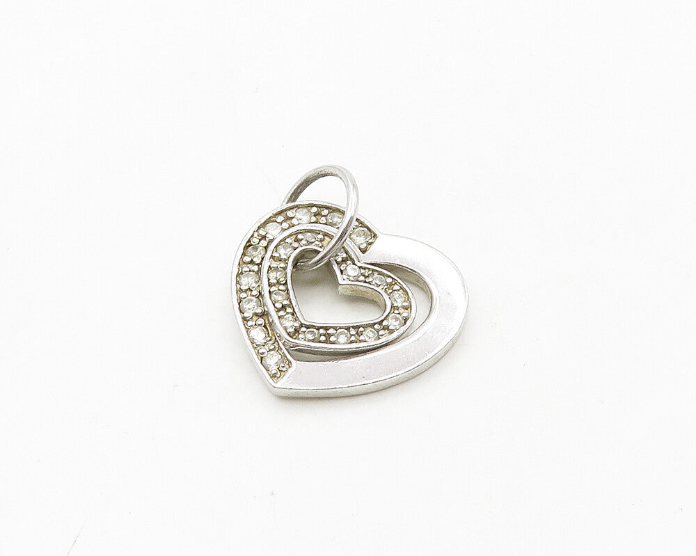 925 Sterling Silver  Vintage Shiny Topaz Open Love Hearts Pendant  PT15468
